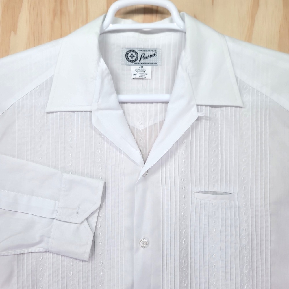 Presuel Guayabera Shirt Mens 40 (XL) White Long Sleeve Traditional Embroidered